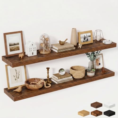 Fun Memories 55 Inch Fireplace Mantel Shelf, 10 Inch Deep Shelves for Display & Wall Storage, Rustic Wood Wall Shelf, Extra Long Floating Shelves for Living Room Laundry Room, Rustic Brown, Set of 2 - color: Brown Color, size: 55W x 10D x 1.5H