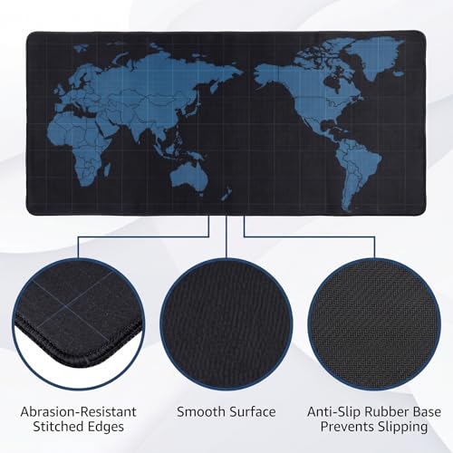 Jeffbaubl Black World Mouse Pad, 35.4 x 15.7 Inch Large Desk Mat, Extended Mousepad Desks Mat, Non Slip Rubber Base & Stitched Edges Desk Pad, Waterproof Mousepad for Computer Office Home Use