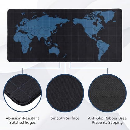 Jeffbaubl Black World Mouse Pad, 35.4 x 15.7 Inch Large Desk Mat, Extended Mousepad Desks Mat, Non Slip Rubber Base & Stitched Edges Desk Pad, Waterproof Mousepad for Computer Office Home Use