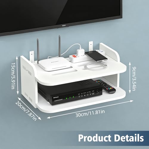 Tissting WiFi Router Floating Shelves White Wall Mount Under TV Shelf 30 x 20 x 15 cm Set Top Box Stand No Punch Game Console Rack for Living Room Bedroom