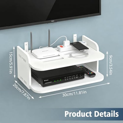 Tissting WiFi Router Floating Shelves White Wall Mount Under TV Shelf 30 x 20 x 15 cm Set Top Box Stand No Punch Game Console Rack for Living Room Bedroom