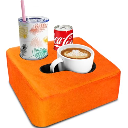 3 Hole Couch Bed Cup Holder Pillow, Keep Drinks Hand Side and KeepTemp, Prevent Spills, Use Anywhere - for Bed, Camping, RV, Car, Beach. Orange - color: Orange, size: 9.4" x 9.4" x 3.9"
