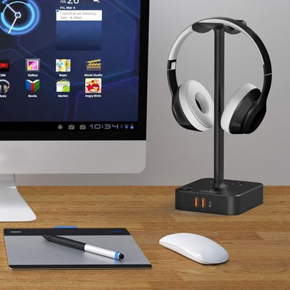 COZOO Headphone Stand with USB Charger Desktop Gaming Headset Holder Hanger with 3 USB Charging Station and 2 Outlets Power Strip,Suitable for Gaming, DJ,Wireless Earphone Display, Gamer Gifts for Men - color: 1.Black(PD & QC3.0)