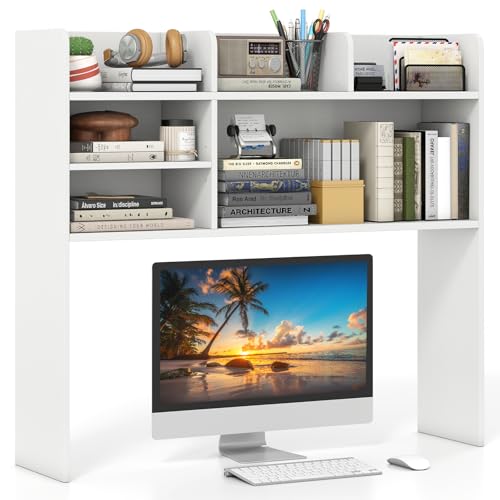 Giantex Desktop Bookshelf, 37" Desk Hutch Dorm for Computer Up to 32 Inch, Countertop Hutch w/6 Storage Shelves, 3-Tier Desktop Organizer Display Rack, Wood Desk Shelf for Home Office (White) - color: White, size: 6 Shelves (33.5"H)