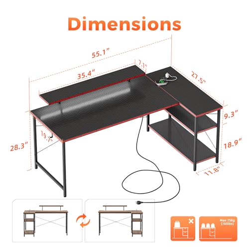 Mericonia Small L Shaped Computer Desk with Power Outlets, Reversible Gaming Desk with Storage Shelves & Monitor Stand, Corner Gamer Desk Table, Study Writing Table - color: Carbon Fiber, size: 55 inch