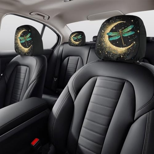 Moon Dragonfly Car Seat Headrest Covers Set 2 Pieces Cars Headrest Cover for Women Universal Head Rest Protector Covering for SUV Truck Vehicles,Easy to Install - color: Moon Dragonfly