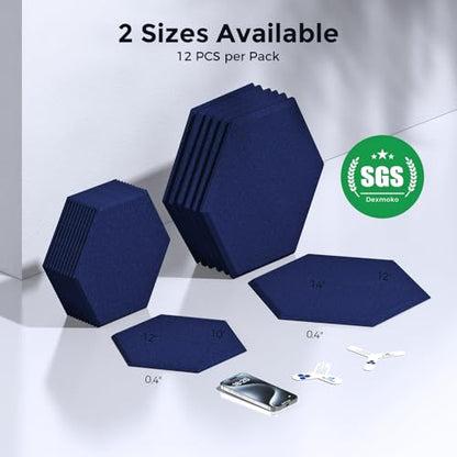Self-Adhesive Acoustic Panels [390 lbs/yd³ Ultra-High Density], 2nd Generation Sound Absorbing Panel, Professional Level Sound Panel, Polyester Soundproof Foam [Medium Hexagon, Dark Blue] - color: Dark Blue, size: Medium Hexagon (12''x10''x0.4'')