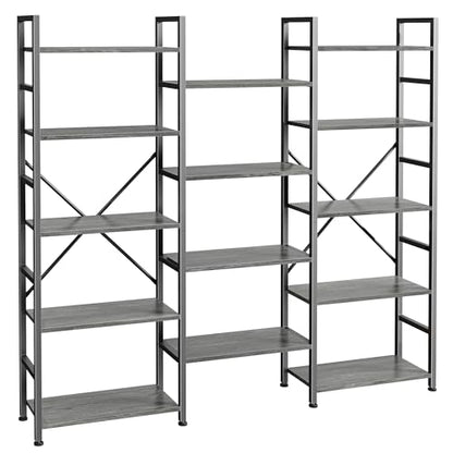 SUPERJARE Triple Bookshelf, Bookcase with 14 Open Display Shelves, Wide Book Shelf Book Case for Home & Office, 5 Tier, Grey - color: Grey, size: 5 Tier