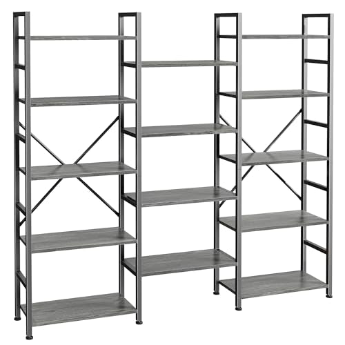 SUPERJARE Triple Bookshelf, Bookcase with 14 Open Display Shelves, Wide Book Shelf Book Case for Home & Office, 5 Tier, Grey - color: Grey, size: 5 Tier