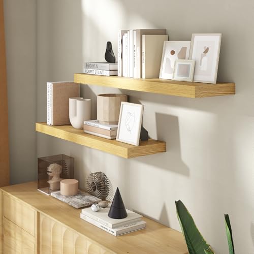 36 Inch Floating Shelves for Wall, 8 Inch Deep Floating Shelf for Storage & Display, Rustic Wall Mounted Shelf with Invisible Brackets for Living Room, Kitchen, Bathroom, Home Decor, Set of 2, Oak - color: Oak, size: 36 Inch, Set of 2