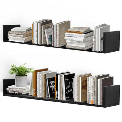 PHOENANCEE Floating Book Shelves,32 Inches Wall Bookshelf U Shaped,Long Hanging Bookshelf for Wall,Large Rustic Storage Books Shelves for Living Room Kitchen Bathroom Office,Set of 4(Black) - color: Black