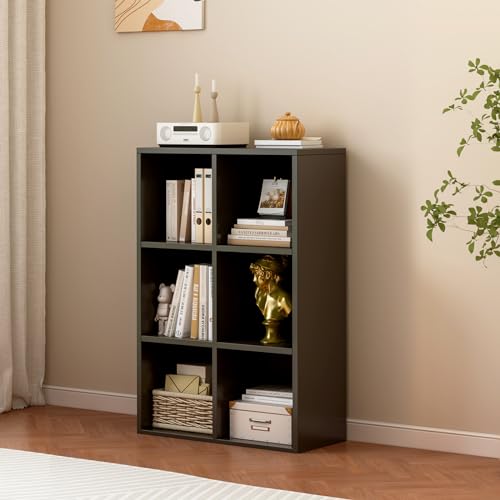 OSCHF 6-Cube Storage Shelf Bookcase - Wooden 3-Tier Floor Standing Open Bookshelf for Home and Office, Display Cabinet, Black - color: Black, size: 6-Cube