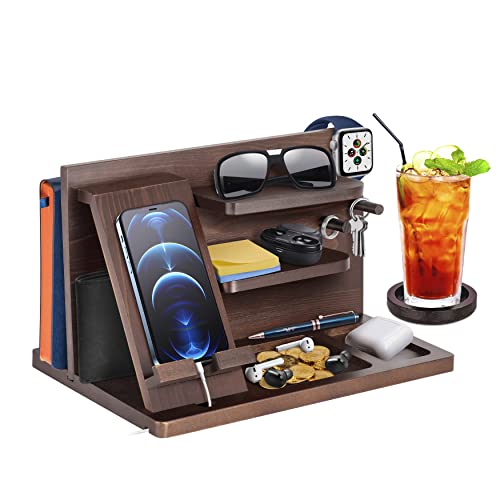 Gifts for Men Bedside Organiser Wood Phone Docking Station Dad Birthday Gifts for Him Nightstand Key Wallet Watch Stand Mens Gifts for Xmas Presents for Dad Husband Boyfriend Anniversary & Christmas - color: Brown