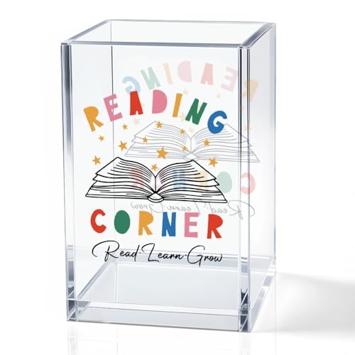 Reading Corner Acrylic Cosmetic Holder, Funny Desk Organizer for Book Lover Bookish Bookworms Readers, Library Classroom Café Desk Decoration, Pen Holder Gifts For Women Men Friends - color: rainbow & yellow