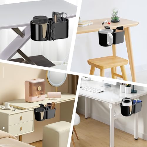 Metal Clamp Desk Cup Holder - Multi-Function Desk Organizer with Pen Holder & Phone Stand - Suitable for 8-32OZ Coffee Mups, Water Cups.