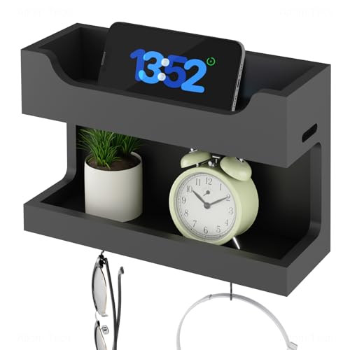 NiHome Wall Mounted Wooden Bedside Accessories Organizer, Double Tray Bedside Storage Shelf Rack with Magnetic Hooks, Bedroom Dorm RV Wall Caddy Holder for Phone Glasses Alarm Clock Remote (Black) - color: Black, size: Small