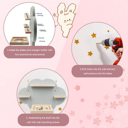 Wall Shelf (Cloud) for Toniebox, Charging Station and 12-18 Tonie Figures, Magnetic Wooden Floating Shelf Compatible with Toniebox MP3 Audio Player & Character, Storage Rack for Kids Play Room
