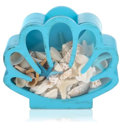 CroBlissful Seashell Holder Seashell Display Box Wooden Small Starfish Shell Display Case with Acrylic Clear Window Shark Tooth Collection Box for Shells Sea Rock Home Decor Present(Blue,Shell) - color: Blue, style: Shell