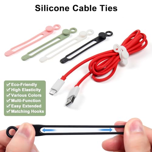 OneLeaf 48Pcs Silicone Cable Ties, Elastic Cord Ties for Cable Organizer, Reusable Wire Management, Cord Organizer Essentials, Multipurpose Cable Management for Travel/Portable/Office/Home Desk - color: Multicolor-48pcs