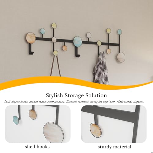 AROCUSHI 25.5" Wall Mounted Coat Rack with 5 Hooks-Modern Metal Wall Decoration Organizer，Black Matte Finish with Shell Decor, Heavy Duty Hanging Hooks (Includes Mounting Hardware & Adhesive) - style: Heartbeat