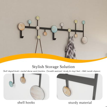 AROCUSHI 25.5" Wall Mounted Coat Rack with 5 Hooks-Modern Metal Wall Decoration Organizer，Black Matte Finish with Shell Decor, Heavy Duty Hanging Hooks (Includes Mounting Hardware & Adhesive) - style: Heartbeat