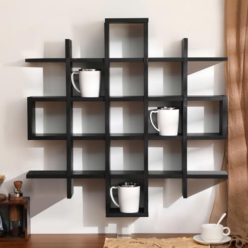 Suzile Oversize Coffee Mug Display Rack Wooden Display Shelves Rustic Wooden Floating Curio Shelf Travel Wall Mounted Coffee Mug Rack Holder Shadow Box Shelf(5.1x5.1x3in,Black) - color: Black