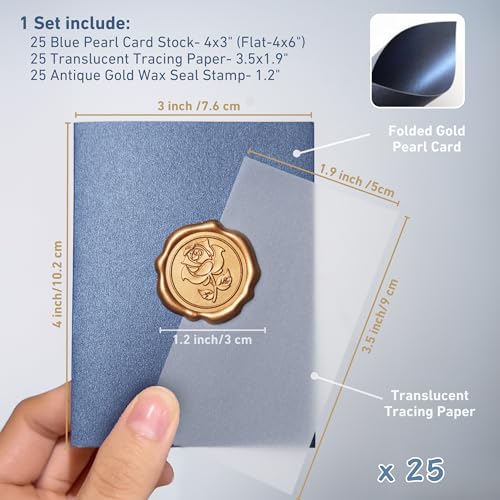 25 Pack Name Cards for Table Setting, Printable Place Cards with Antique Gold Rose Wax Seal Sticker for Wedding, Table Tent Card Stock Decor for Party, Dinner, Home (Pearlized Navy Blue) - color: Pearlized Navy Blue