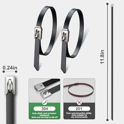 100PCS 11.8" Black Epoxy Coated Metal Zip Ties, Heavy Duty Self-Locking Stainless Steel, Corrosion Resistant for Harsh Environments, Ideal for Machinery, Vehicles, Farm, Cable & Pipe Binding - color: 100 Pcs