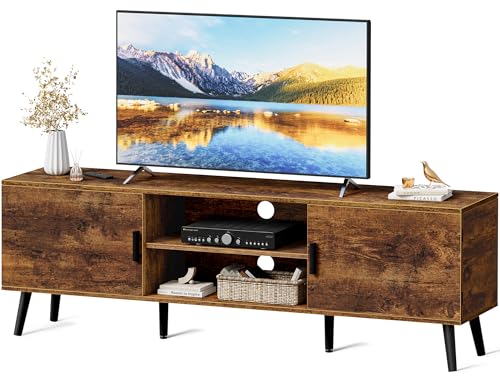 SUPERJARE TV Stand for 55 Inch TV, Entertainment Center with Adjustable Shelf, 2 Cabinets, TV Console Table, Media Console, Solid Wood Feet, Cord Holes, for Living Room, Bedroom, Rustic Brown - color: Rustic Brown, size: 53.9"