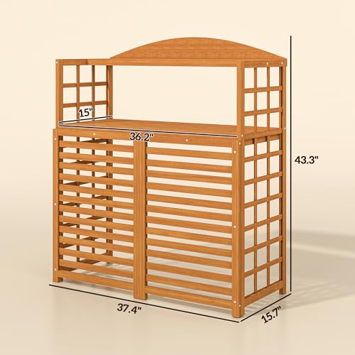 Outsunny Outdoor Air Conditioner Fence with Open Shelves, Wood Outdoor Privacy Screen Potting Table, Pool Equipment Enclosure for Patio, Slatted AC Fence for Outside Unit, Light Brown