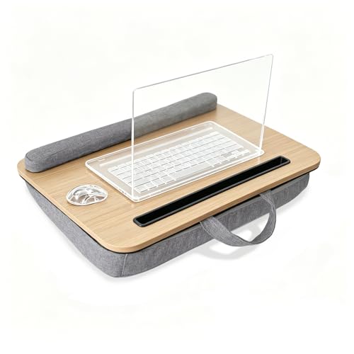 Portable Lap Desk for Bed, Suits14–17 Inch Laptops | Light wood color, 3 storage bags, hand strap & cushion, tablet & phone slots, ideal for adults at home, car and travel - color: Light Wood Color