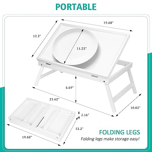 Bamboo Lap Desks Bed Table White Breakfast Tray with Folding Legs Kitchen Serving Tray for Notebook Computer Bed Platters Desk Snack Tray(White) - color: White, size: Large