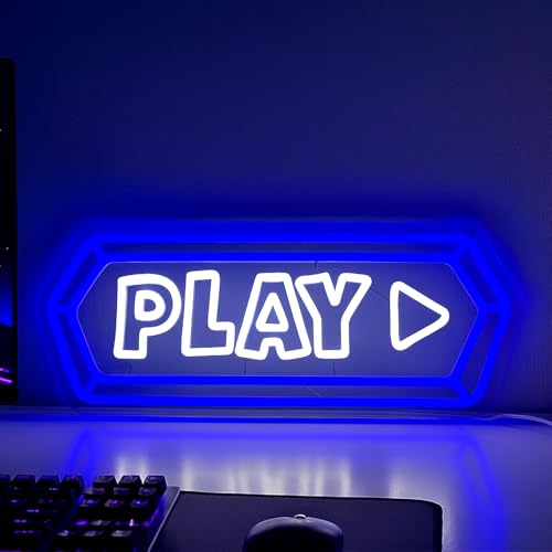 Play Neon Sign for Wall Decor, LED Play Button Light, USB Powered Dimmable Accent for Game Room, Bedroom, Gaming Setup, Gamer Gift - color: Blue-PLAY