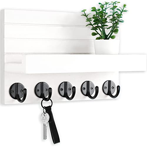 Lwenki Key Holder for Wall, Decorative Key and Mail Holder with Shelf Has Large Key Hooks for Bags, Coats, Umbrella – Paulownia Wood Key Hanger with Mounting Hardware (9.8”W x 6.7”H x 4.2”D) - color: White