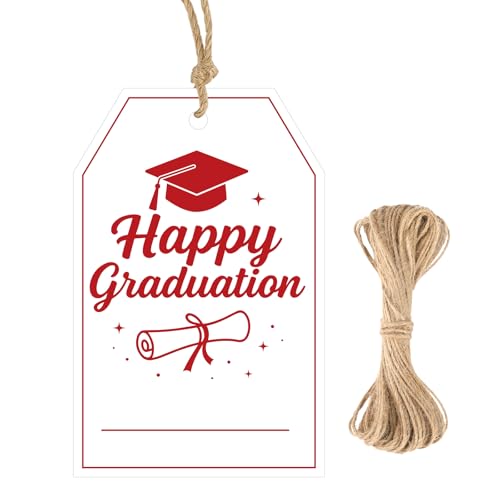 G2PLUS Happy Graduation Tags - Red Graduation Gift Tags with String, Class of 2026 Paper Hang Labels for Congrats Grad Party Favors - style: Happy Graduation - Red