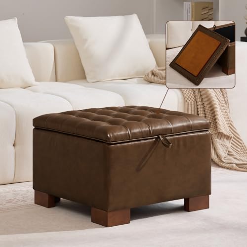WUTUTUEE 24" Faux Leather Square Storage Ottoman with Wooden Tray, Modern Tufted Button Footstool Coffee Table, Upholstered Small Ottoman for Living Room, Bedroom, Coffee - color: Coffee-pu, size: 24 Inch