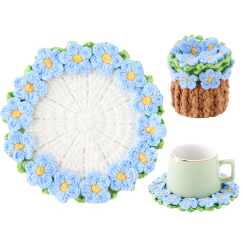 Flower Crochet Coasters, Handmade Bouquet Blanket Coaster with Crochet Plant Pot Fun Soft Decorative Drink Coasters for Coffee Tabletop Protection and Home Decor (Blue, 1Pc) - color: Blue, size: 1Pc
