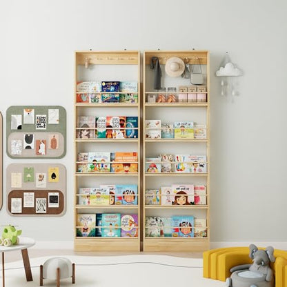 Wooden Wall Mounted Bookshelf, 5 Tier Storage Shelf with Anti Tip Device, Space Saving Organizer with Built in Hooks and Raised Edges for Living Room Bedroom Home Office