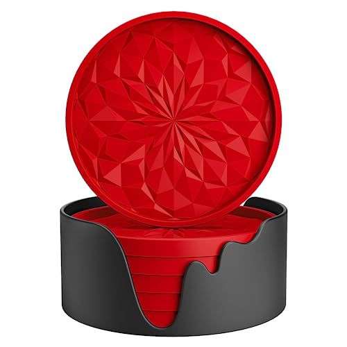 ME.FAN Silicone Coasters with Holder,[6 Pack] Drinking Coasters - Cup Mat for Hot or Cold Drinks, Thickened, Non-Slip, Non-stick,Deep Tray Red - color: Red