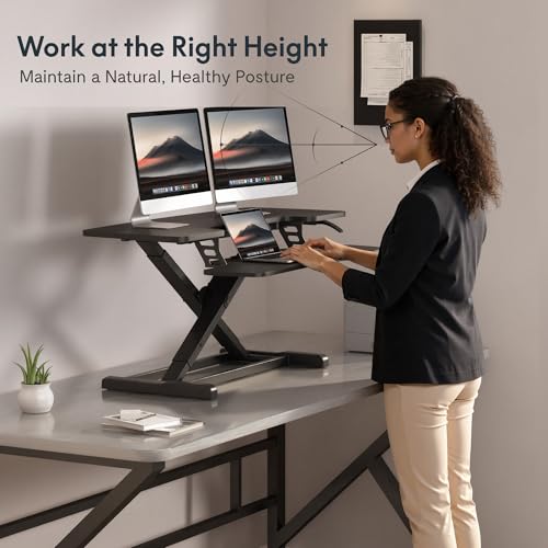 FLEXISPOT Standing Desk Converter 40" Large Desk Riser, Spacious Desktop Riser Sit Stand Computer Workstation with Wide Keyboard Tray, Ergonomic Height Adjustable Stand Up Desk Converter, Black - color: Black, size: 40"