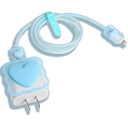 Compatible with iPhone 18W/20W USB-C Charger Cover Lovely 3D Love Heart Waves Clear Soft Charger Protector Cute Cable Saver for iPhone 11 12 13 14 Pro Max Fast Power Adapter, Blue 1 (5in1) - color: Blue 1 (5 in 1)