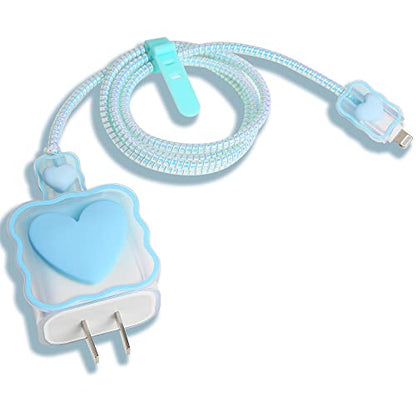Compatible with iPhone 18W/20W USB-C Charger Cover Lovely 3D Love Heart Waves Clear Soft Charger Protector Cute Cable Saver for iPhone 11 12 13 14 Pro Max Fast Power Adapter, Blue 1 (5in1) - color: Blue 1 (5 in 1)