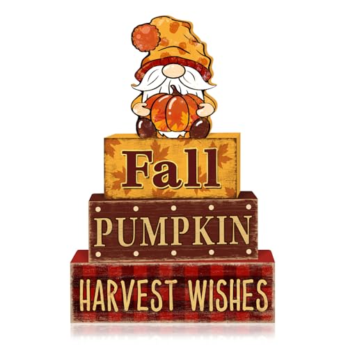4 Pcs Fall Decorations for Home Thanksgiving Gnome Tiered Tray Decor, Fall Table Decor Farmhouse Rustic Wooden Gnome Pumpkin Block Sign Autumn Tabletop Centerpieces for Home Kitchen Indoor - style: Gnome