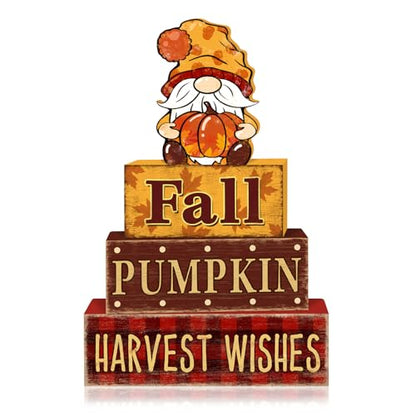 4 Pcs Fall Decorations for Home Thanksgiving Gnome Tiered Tray Decor, Fall Table Decor Farmhouse Rustic Wooden Gnome Pumpkin Block Sign Autumn Tabletop Centerpieces for Home Kitchen Indoor - style: Gnome
