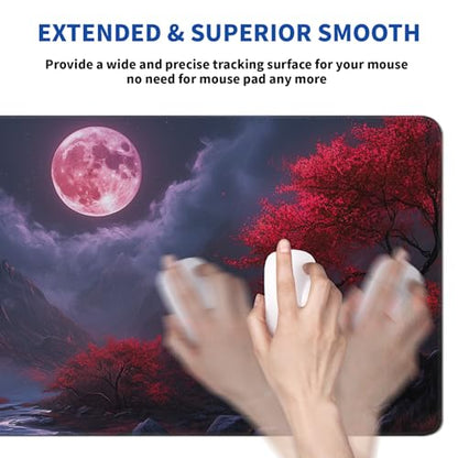 Darkness Red Moon Mouse Pad Abstract Red Mouse Pad 31.5x11.8 Inch Texture Non-Slip Rubber Base Large Mousepad Stitched Edges Keyboard Mouse Mat Desk Pad for Office and Home (Darkness 2) - color: Darkness Red Moon 2