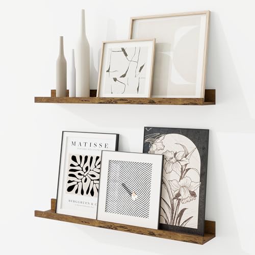 RICHFOCUS Picture Ledge Shelf, 24 inch Floating Shelves Set of 2, Wood Wall Shelves with Lip, Wall Decor Storage for Bedroom Living Room Bathroom Kitchen Nursery Photo Picture, Rustic Brown - color: Rustic Brown, size: 24 Inch, set of 2