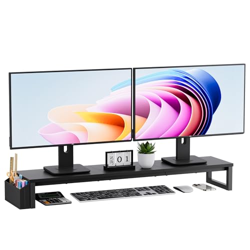 Dual Monitor Stand Riser, 41.5'' Extra Long Wood Monitor Stand Desktop Organizer with Side Pocket, Ergonomic Monitor Riser Supports 2 Monitors,TV,Laptop,Printer for Home Office, Black - color: Black, style: Single-Type
