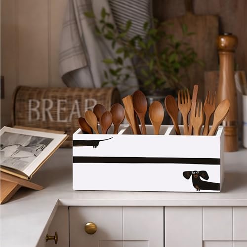 Dachshund Dog Wooden Desk Organizer 3 Compartments | Cute sausage dog design; 3-compartment wooden holder for pens, pencils, and office supplies, great dog lover gift. - color: Dachshund Dog