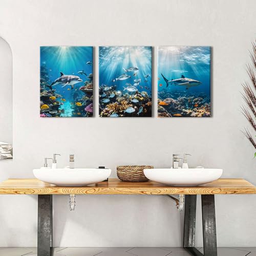 Beach Dolphin Wall Art Blue Ocean Bathroom Wall Decor Under Sea World Photo Prints Kids Bathroom Fish Shark Canvas Pictures Coastal Seascape Artwork for Living Room Bedroom Home Decorations 12x16" 3P - color: Dolphin Shark, size: 12"l X 16"w