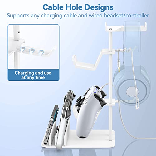 KDD Headphone Stand, Controller Holder & Headset Holder for Desk, Earphone Stand with Aluminum Supporting Bar, Universal Storage Organizer Headphones/Controller/Switch/Mobile Phone(White) - color: White